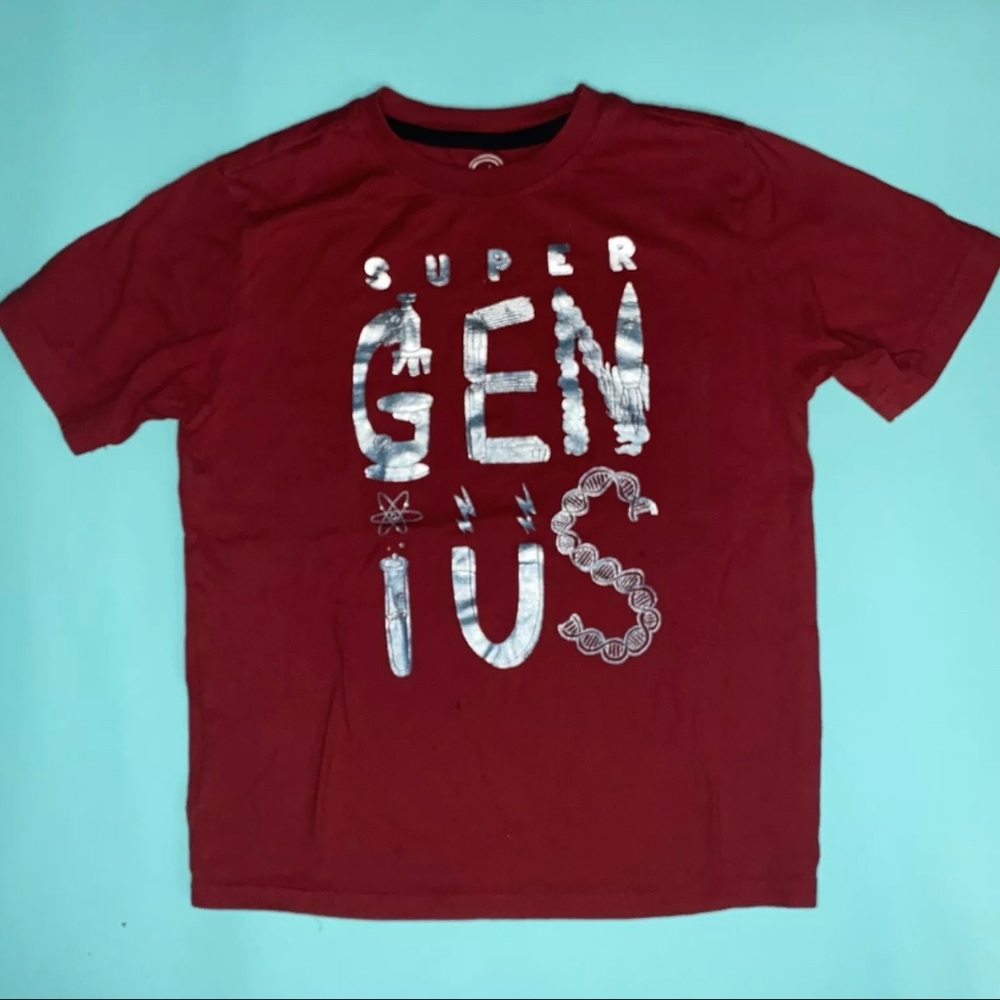 Wonder Nation Boys Red T Shirt Size 8 Medium Super Genius Short Sleeve 1-J